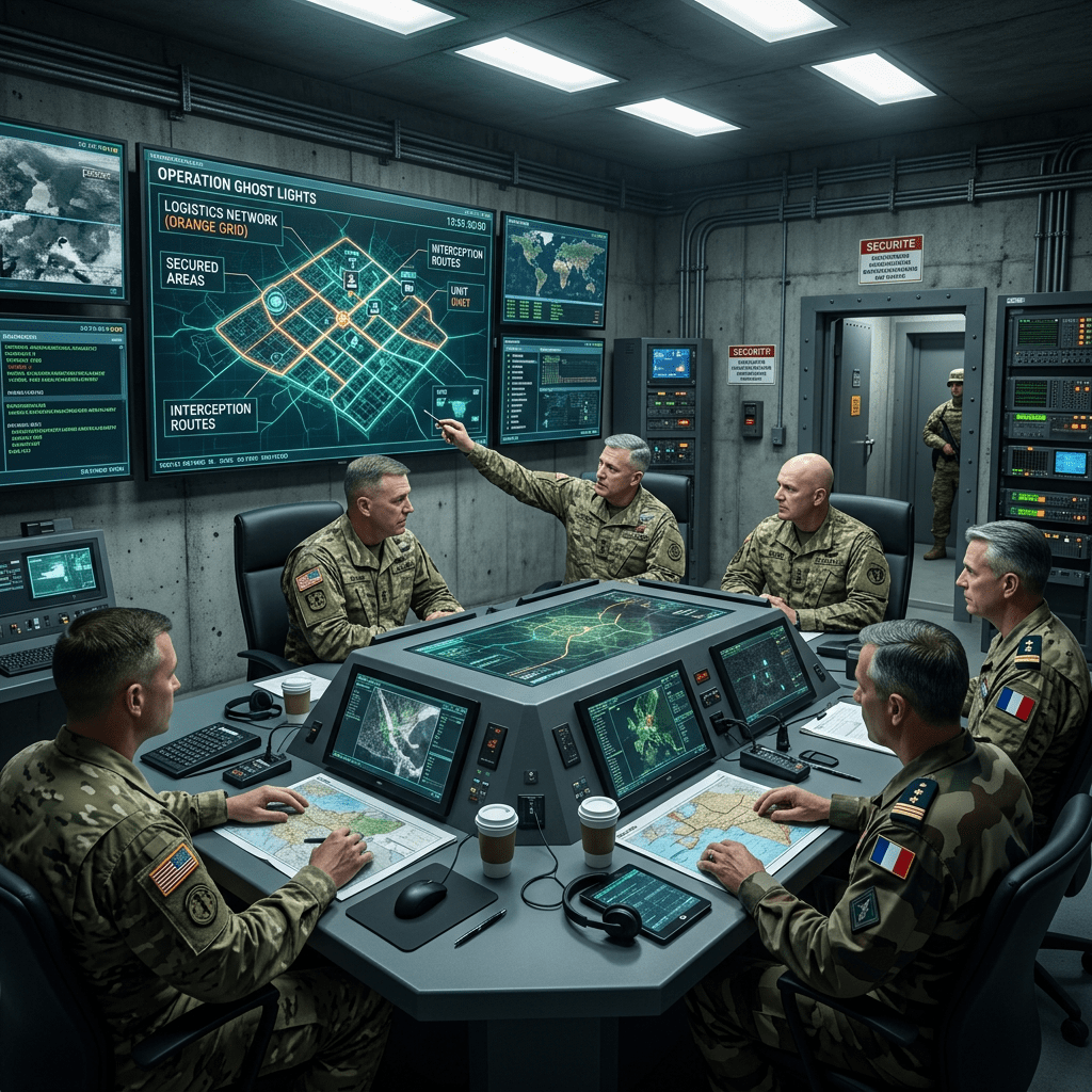 Military officers in uniform planning operations around digital maps and monitors in a command center.
